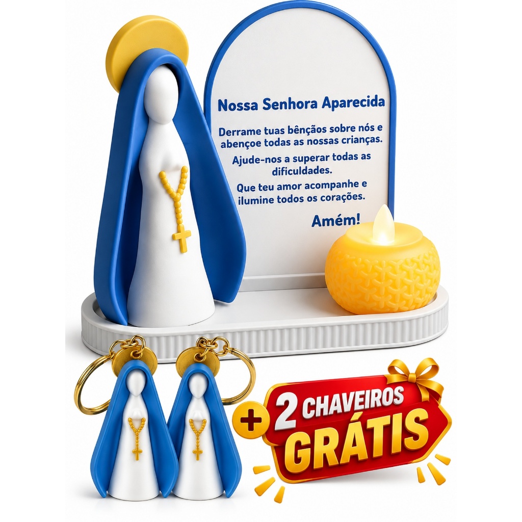 Kit Nossa Senhora Aparecida + 2 Chaveiros Grátis  Bandeja Vela LED  Decoração Religiosa Presente Fé Católica