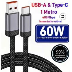 60W Cabo USB Tipo C Reforçado 1 Metro Carregamento Rápido Turbo Android Compatível Galaxy Xiomi Moto G iPhone 15