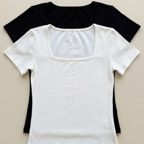 Blusa Feminina Gola Quadrada Canelada Manga Curta Viscose Com Elastano Basica Camiseta Estilo Gringa do P ao GG