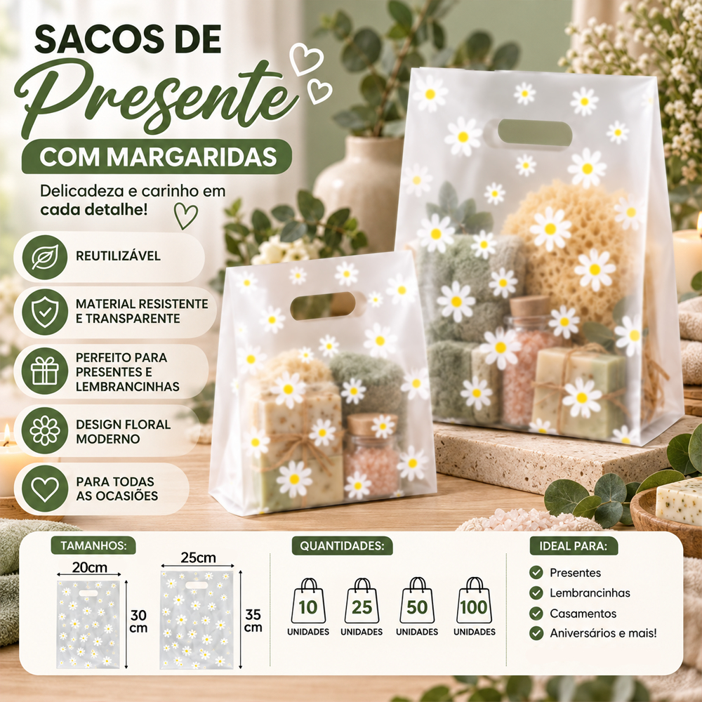 KIT Sacolas de Presente PVC Transparentes com Estampa de Margaridas Reutilizáveis para Festas 10/25/50/100 Pcs