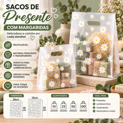 KIT Sacolas de Presente PVC Transparentes com Estampa de Margaridas Reutilizáveis para Festas 10/25/50/100 Pcs