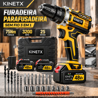 Chave De Impacto Parafusadeira Furadeira 75Nm 3200RPM 10mm Bivolt 25 Torques Kit Profissional Com 2 Baterias KINETX