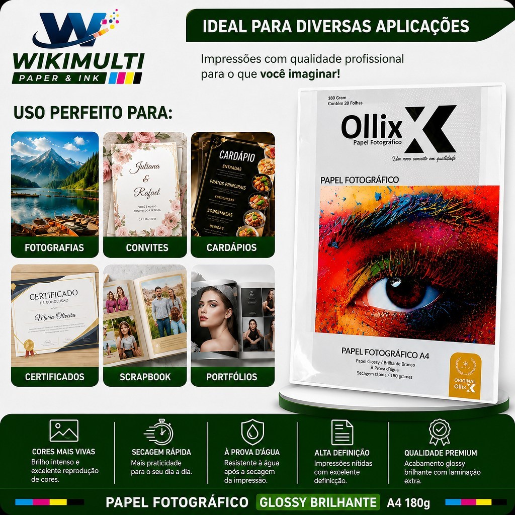 Papel Fotográfico Glossy Brilhante A4 180g Profissional Secagem Rápida com PCT de 20 Folhas - Ollix