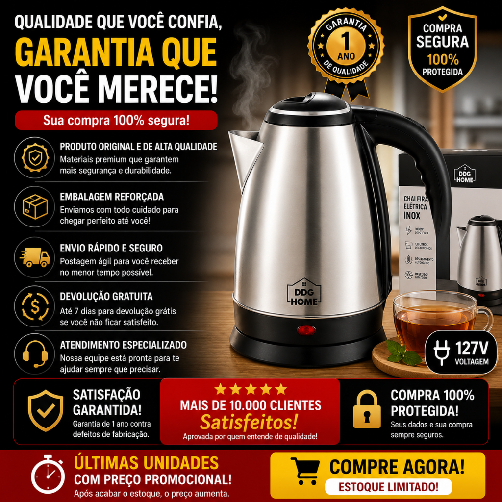 Chaleira Eletrica 18 Litros Alta Potencia Inox Rapida Aquecimento Compacta Segura