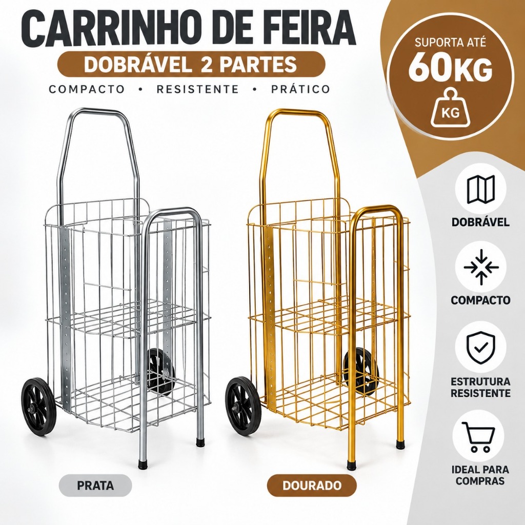 Carrinho De Feira Dobrável 2 Partes Dourado E Prata Compras Feira Compacto Ágil 60kg Reforçado