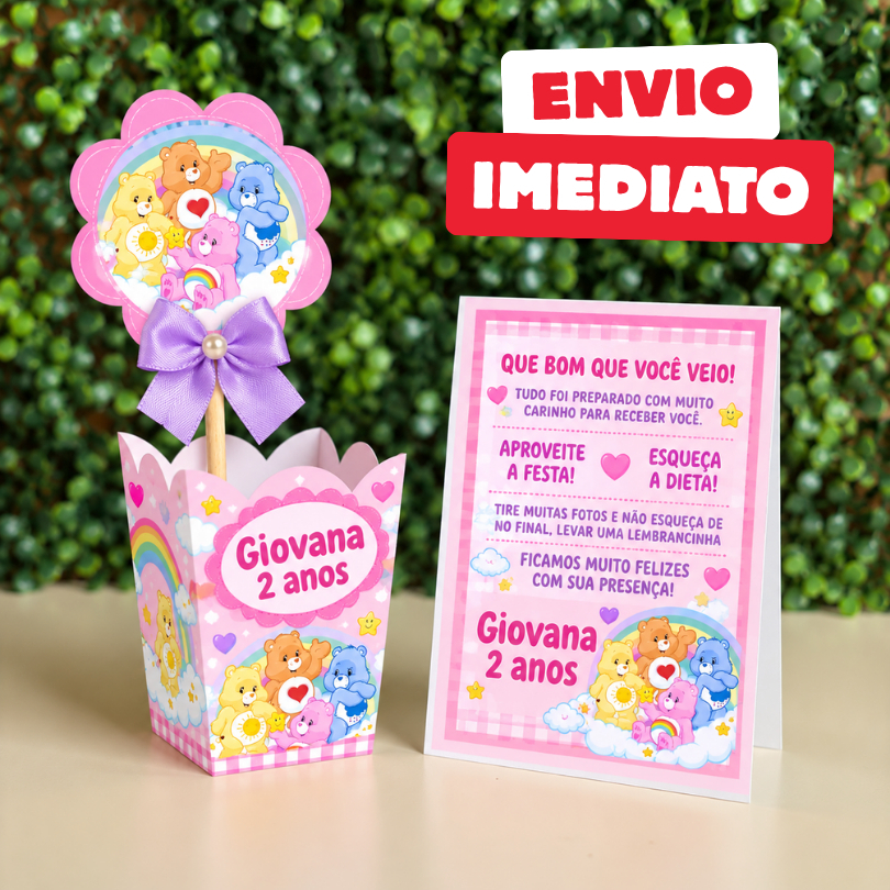 Kit Centro de mesa Ursinho Carinhosos Rosa |Cachepô Personalizado Enfeite Plaquinha Decoração Festa