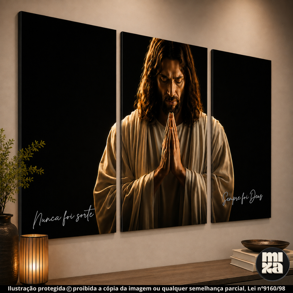 Kit 3 Quadros Decorativos Jesus Orando “Nunca Foi Sorte, Sempre Foi Deus” – Religioso para sala e quarto 60x40
