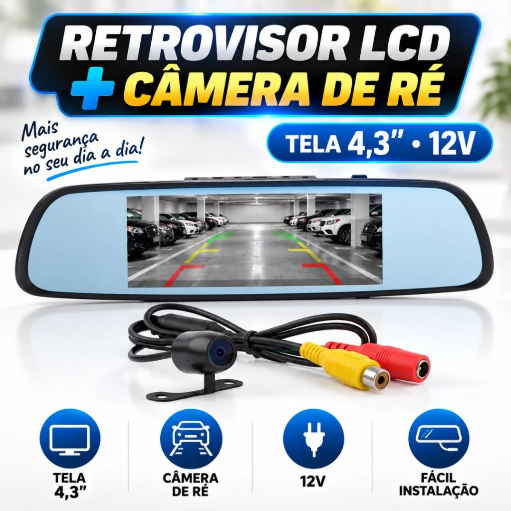 Espelho Retrovisor LCD 4.3 Com Câmera De Ré LED Visão Noturna 12V Ditap Mix Monitor Para Carro