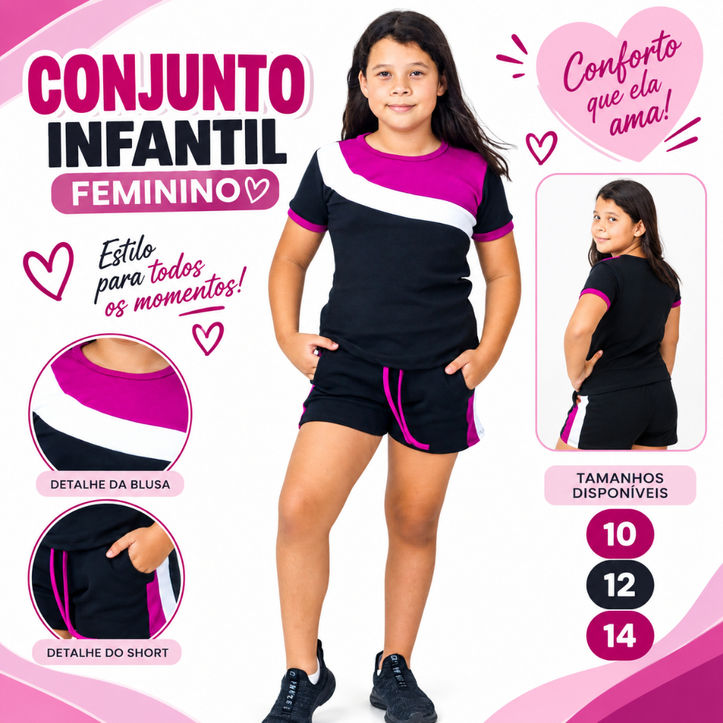 Conjunto Infantil Feminino Confortável Blusa e Short Tamanhos 10 12 14