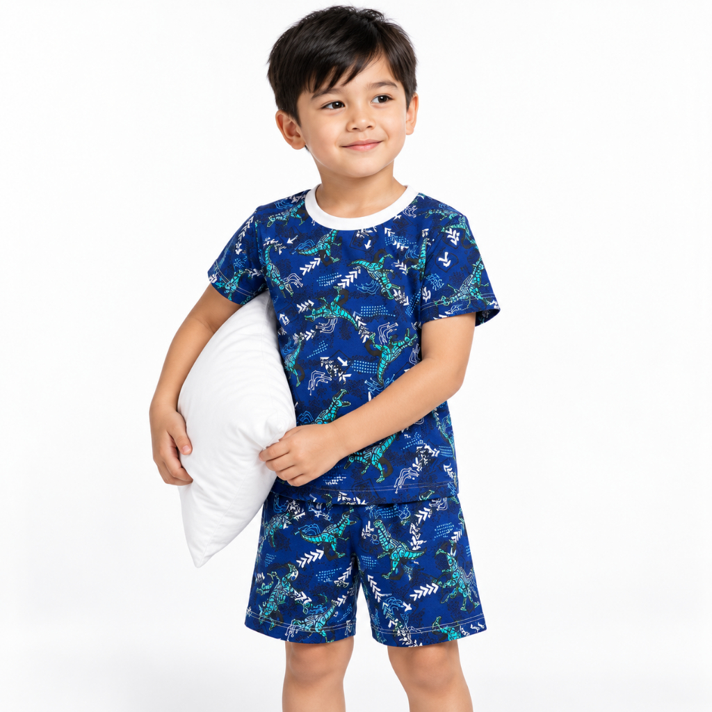 Conjunto Pijama Infantil Menino Short e Blusa Camiseta Manga Curta Algodão Azul Escuro Dinossauros AJZ