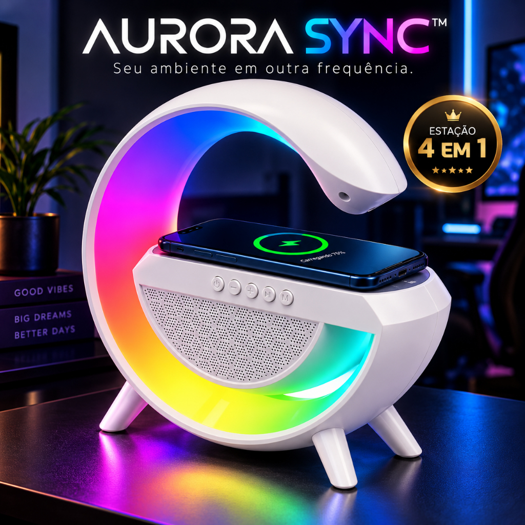 Caixa de Som Bluetooth com Carregador Sem Fio LED RGB Luminária Aurora Sync