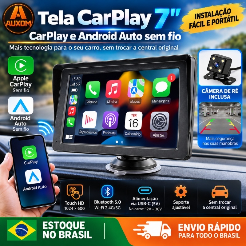 AUXOM Tela CarPlay Portátil 7" MP5 Touch Android Auto Sem Fio Bluetooth 5.0 Wi-Fi + Câmera de Ré
