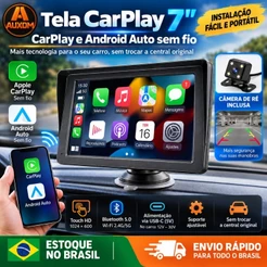 AUXOM Tela CarPlay Portátil 7" MP5 Touch Android Auto Sem Fio Bluetooth 5.0 Wi-Fi + Câmera de Ré