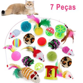 Kit 7 Brinquedos Interativos para Gatos Ratinho Bolinha com Varinha de Pena Interativos para Gatos Anti-Stress