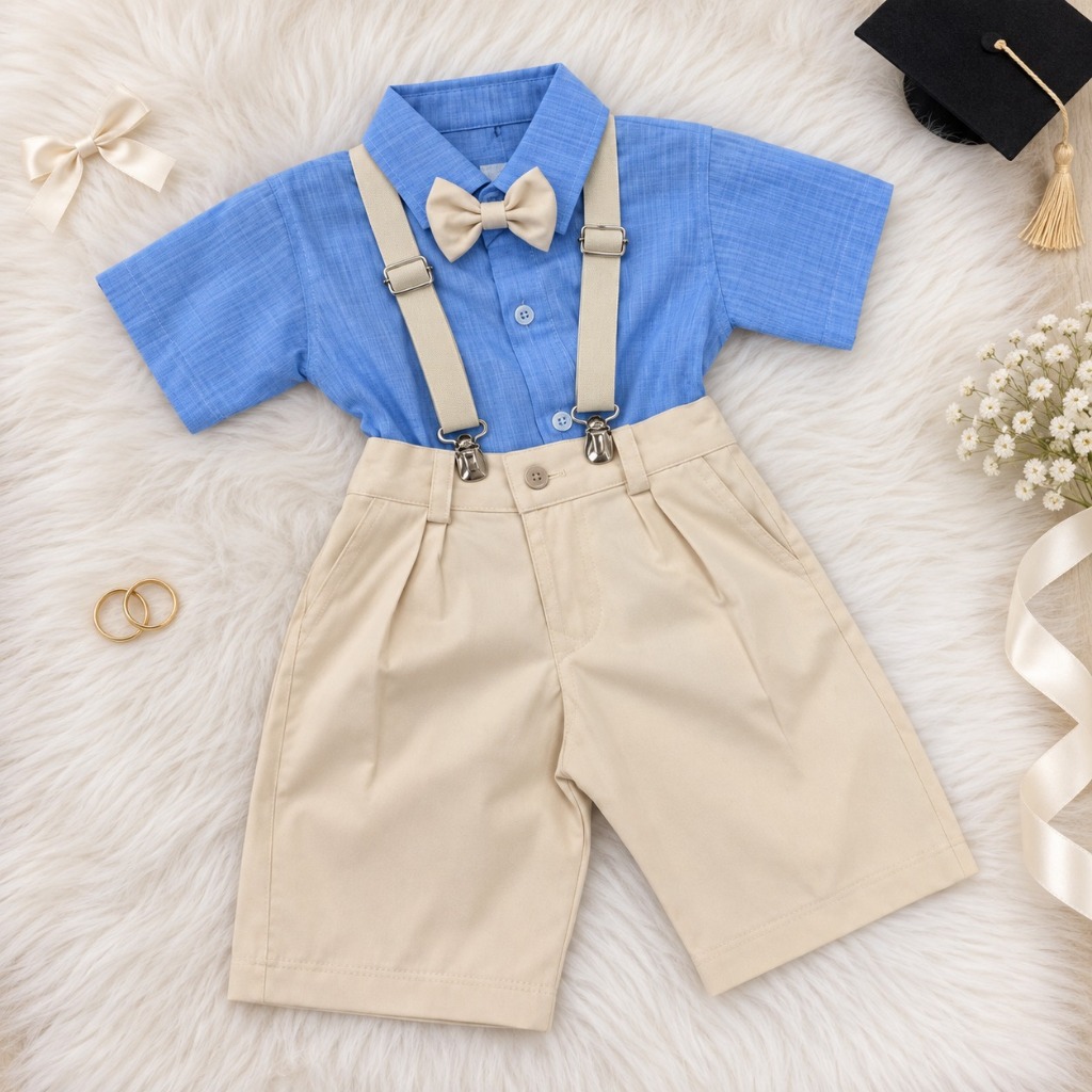 Conjunto Infantil Menino Suspensório Shorts Social Azul e Bege Casamento Formatura Aniversário Festa Completo