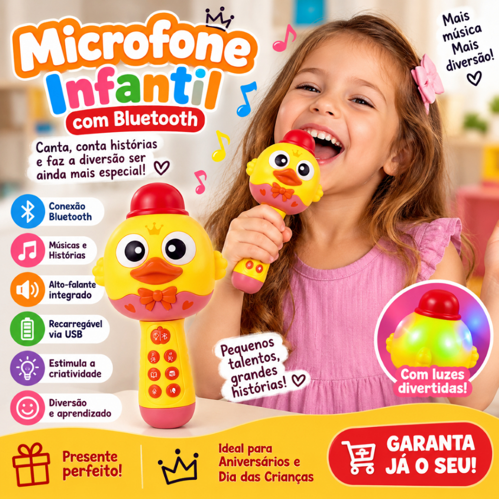 Microfone Infantil Bluetooth Recarregável com Alto-Falante Portátil Música Histórias Brinquedo Educativo para Crianças