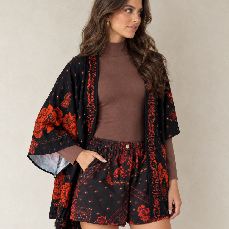 Peças estampa vôo de âmbar conjunto feminino estampado blusa morcego body viscose short sarja cropped kimono