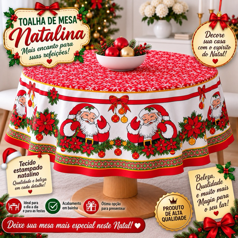 Toalha de Mesa Cozinha Redonda Natalina Estampada Decoração de Natal