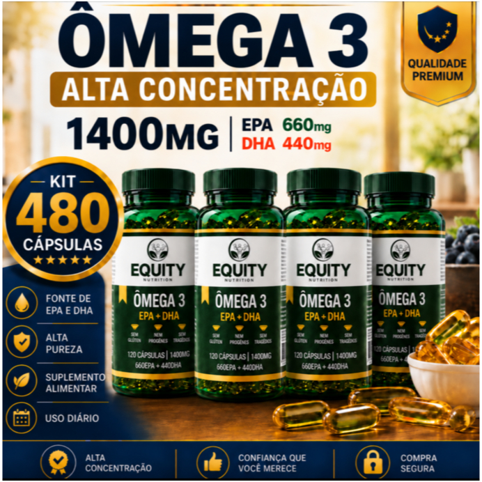 Ômega 3 1400mg EPA DHA 480 Cápsulas Suplemento Original Alta Concentração Equity Nutrition
