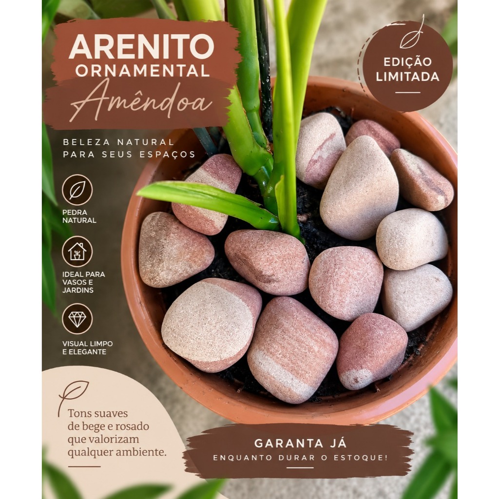Pedra Ornamental Arenito Amêndoa N3 p/ Jardim e Vasos | Natural Decorativa Premium *EDIÇÃO LIMITADA*