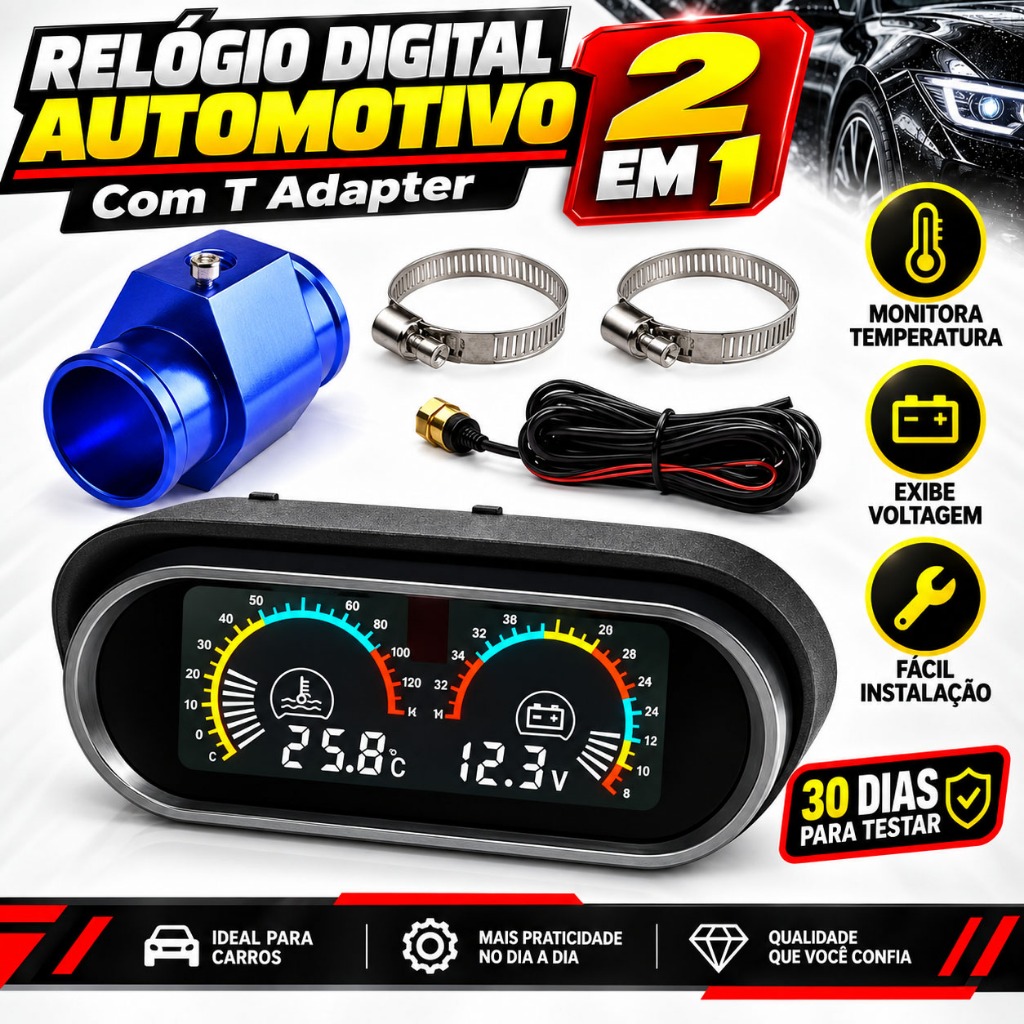 2 in 1 Digital Car Clock + T Adapter | Temperature + Voltage | Alert | Easy Installation