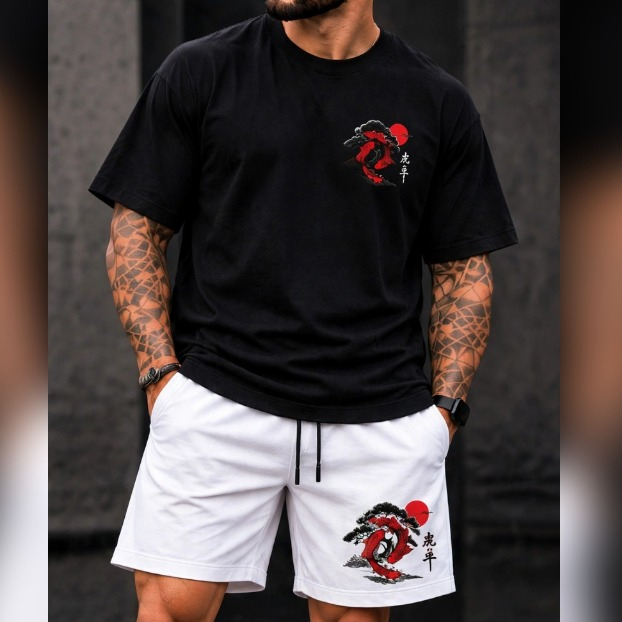 Conjunto Masculino Camiseta Malha Algodão e Short Tactel Mauricinho Poliester Estampa Peixe Japonês Oriental