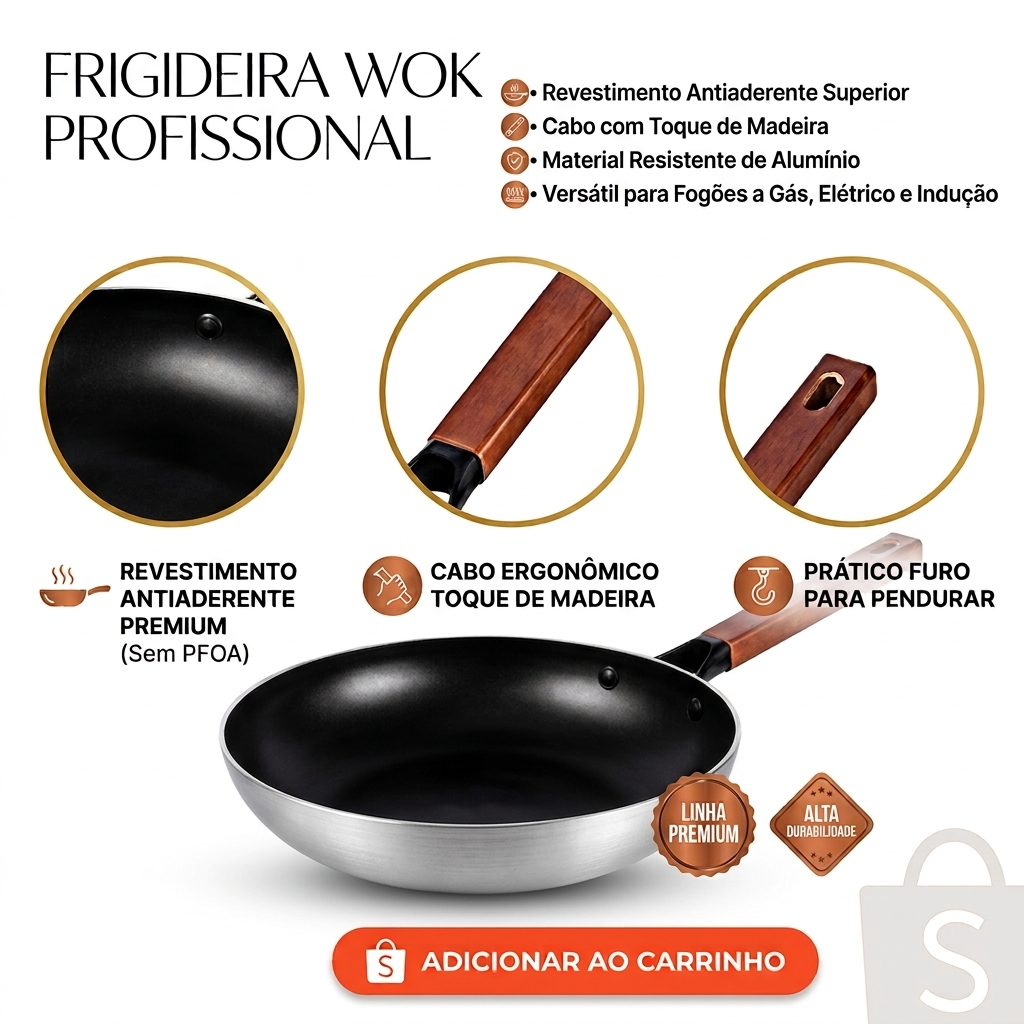 Imagem Frigideira Wok 30cm Antiaderente Cabo Madeira Alumínio Prata Profissional