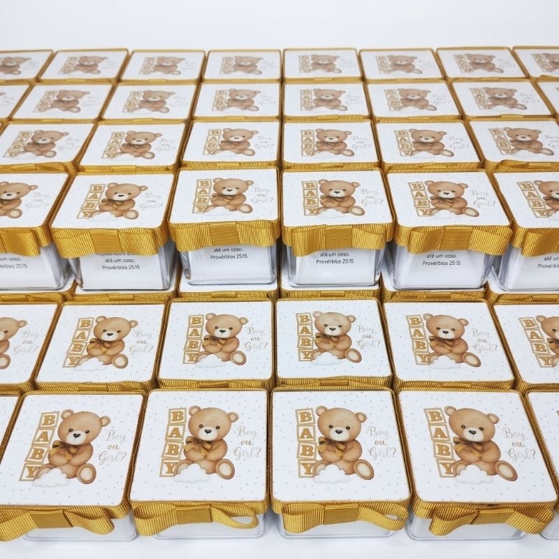 20 Caixinhas de Bençãos Acrílica 5x5 Personalizadas Para Chá Revelação Ursinho Com Laço Dourado Boy Or Girl