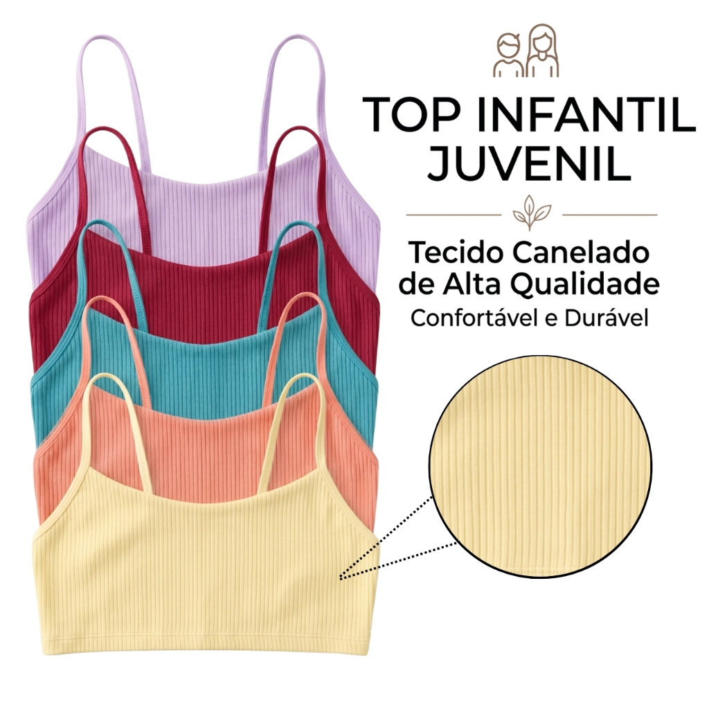 Kit até 10 Tops Sutiã Canelado Infantil Juvenil Forro Duplo Não Marca Alcinha Pietra Moda Kids Teen