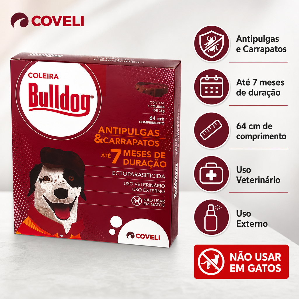 Bulldog Coleira Antipulgas e Carrapatos Coveli para Cães - 64 cm
