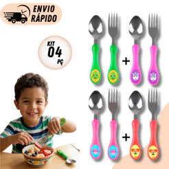 Conjunto 4 ou 2 de Talher Infantil Garfo Colher Dinossauro Inox Unicórnio para Alimentação Infantil Bebê Personagens