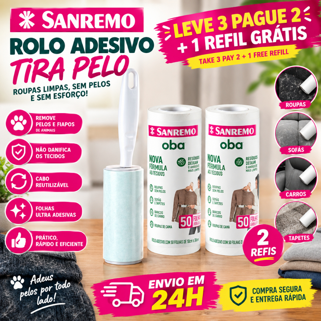 Kit 3 Rolos Tira Pelo Adesivo Sanremo 150 Folhas Removedor de Pelos Pet Roupa Sofá Refil Extra