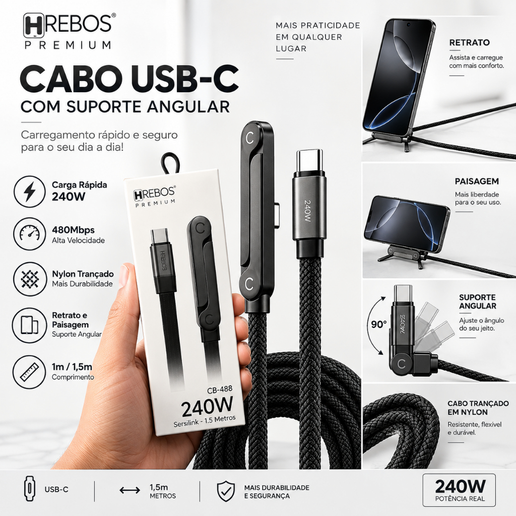 Cabo USB Tipo C Carregamento Rápido 90° com Suporte Dobrável para Celular