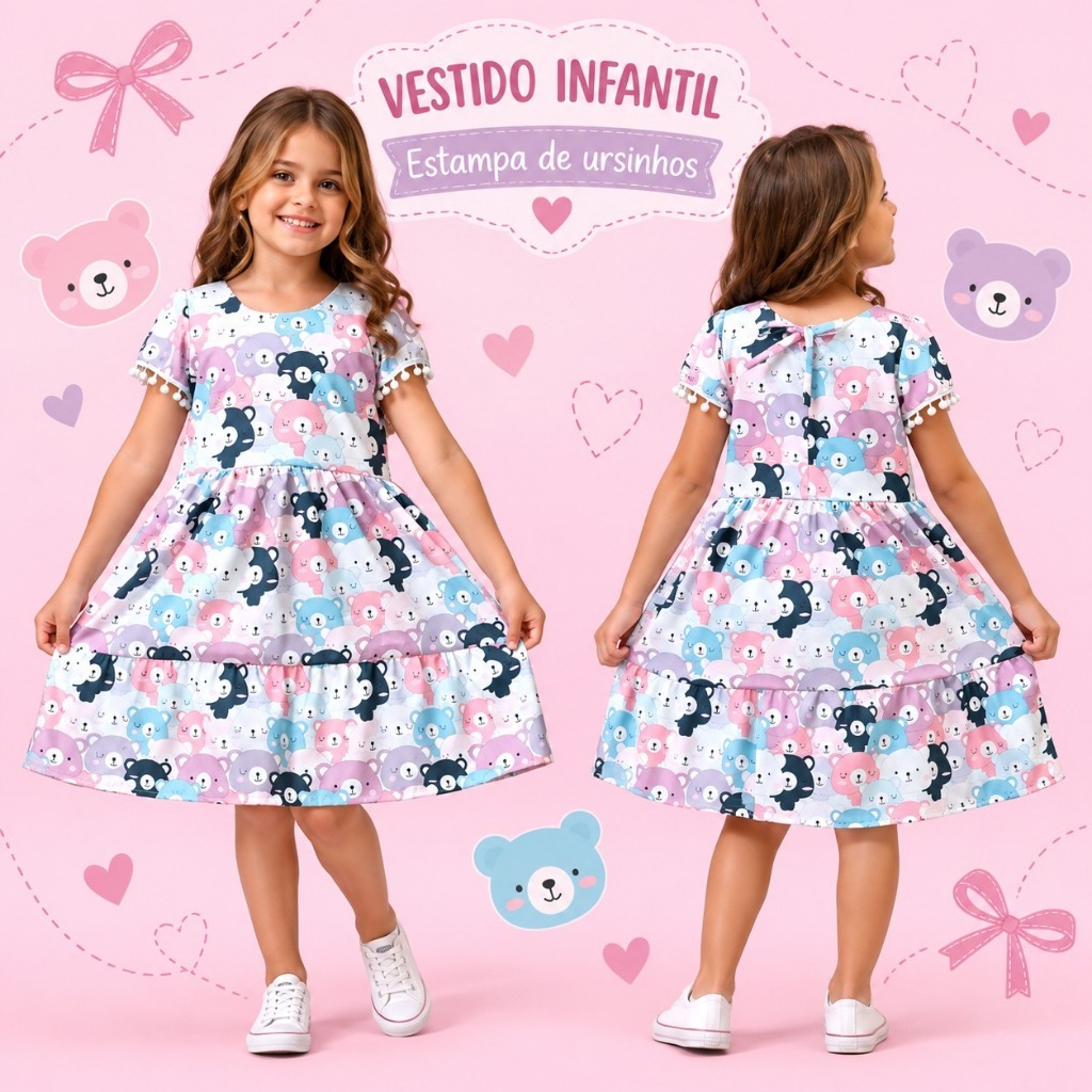 Vestido Infantil Menina Princesa Urso Colorido Alegre Casual Festa Aniversário Moda Baby