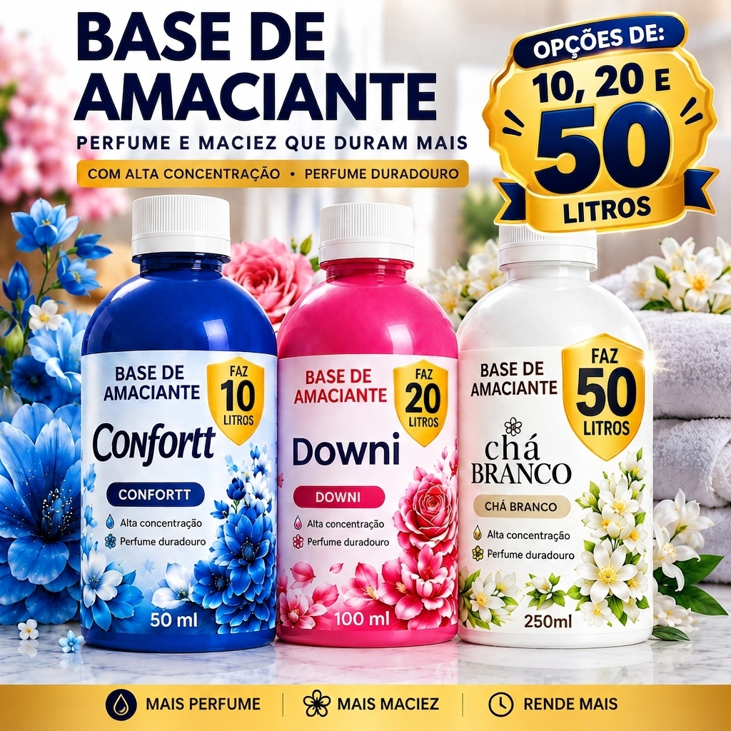 Base Amaciante Concentrada Cheiroso 50ml 100ml 250ml Rende até 10 20 e 50 litros Tipo Perfumado Rendimento Cheiroso
