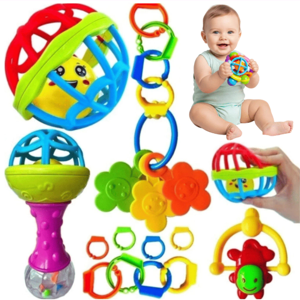 Kit Brinquedo Bebe Chocalho Mordedor Silicone Macio Bola Colorida Para Menina e Menino 8 Peças Sensorial