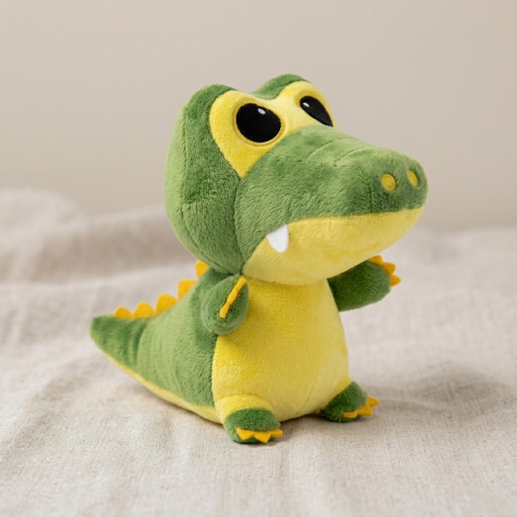 Pelúcia Crocodilo Jacaré Fofo Pequeno 20cm Verde e Amarelo Bordado com Ventosa