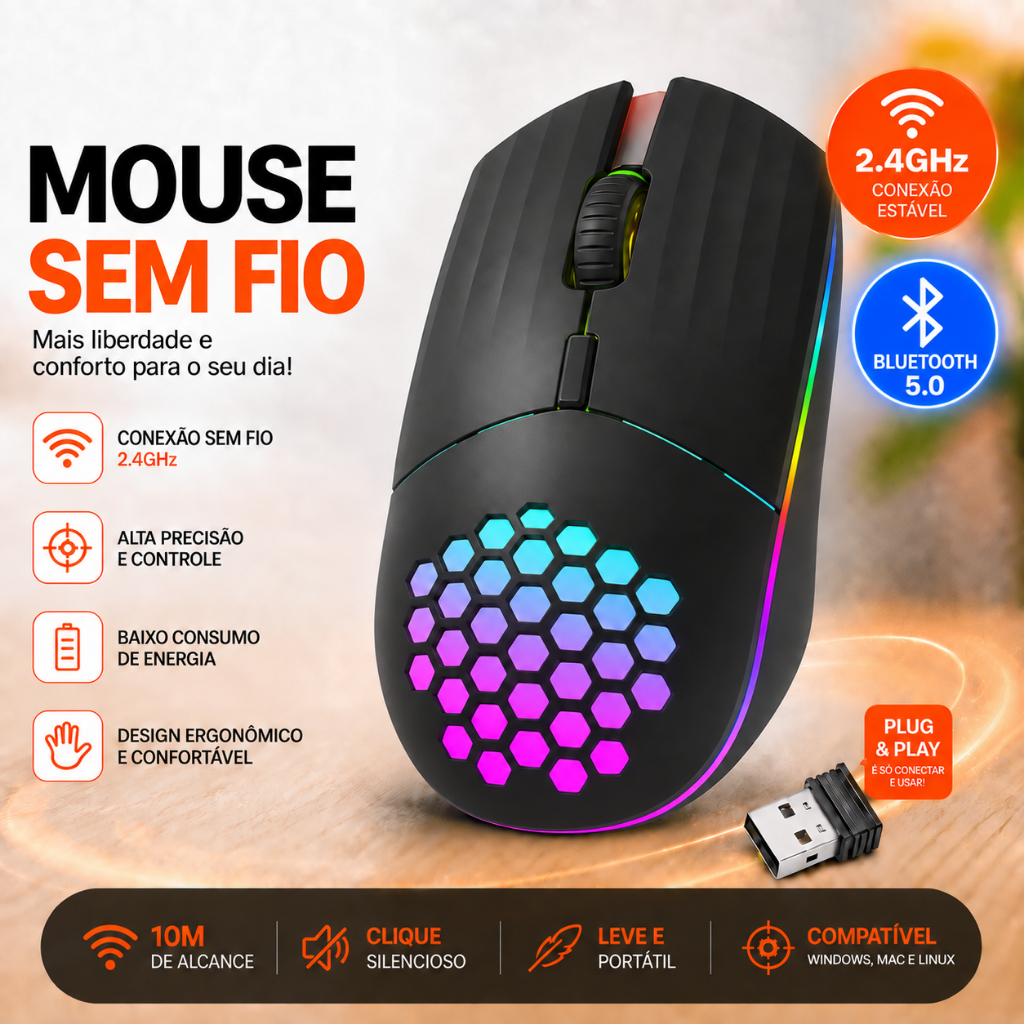 Mouse Sem fio Wireless Ergonômico 2.4G/BT Recarregável Tipo-C Silencioso Bluetooth