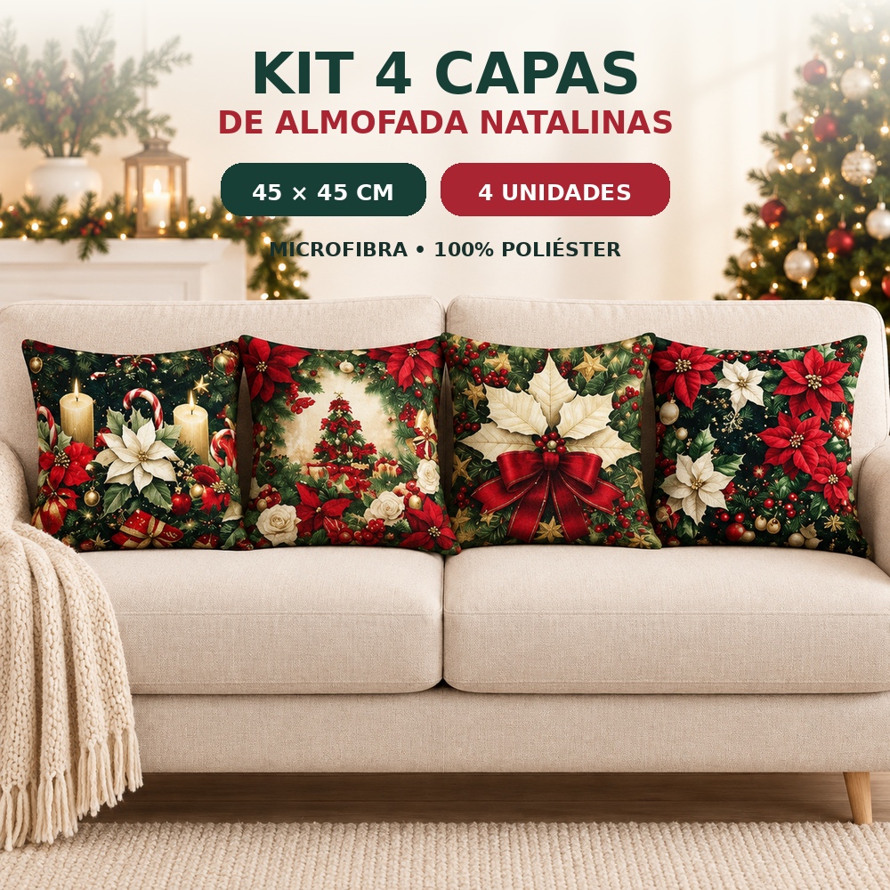 Kit 4 Capas de Almofada Natal 45x45cm Microfibra Sublimada com Zíper