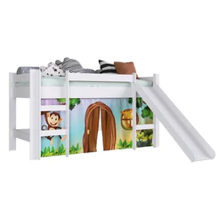 Cama Infantil Escorregador Alta Elevada Cortina Zoo Animais Quarto Playground Branco