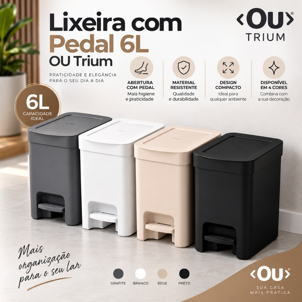 Lixeira com Pedal 6L OU Trium – Compacta, Moderna para Banheiro e Cozinha