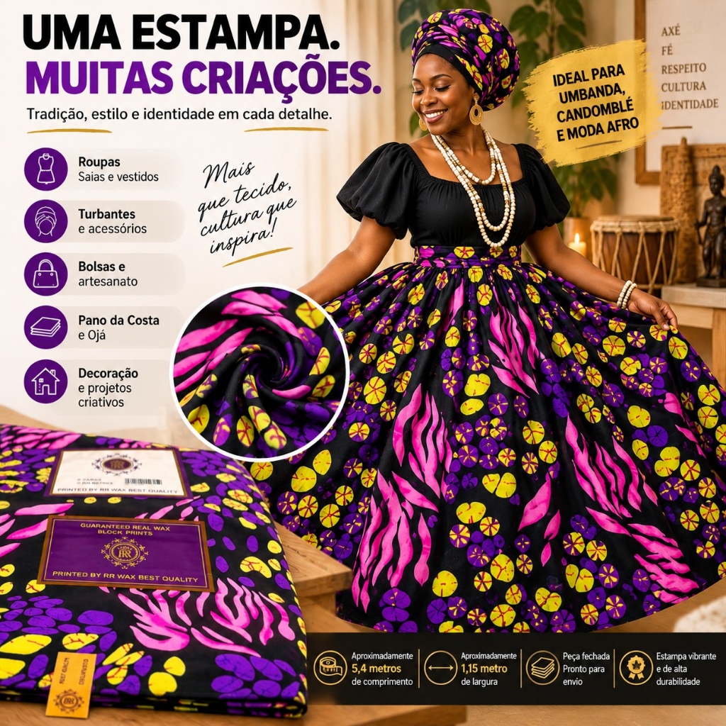 TECIDO ANKARA AFRICANO PANO ESTAMPA ROUPAS RELIGIOSAS CANDOMBLE UMBANDA ORIXA COLORIDO LUXO CONFECCAO OJA PANO DA COSTA — imagem 2 de 2