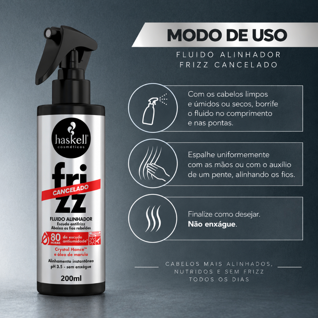 Fluido Alinhador Frizz Cancelado 200ml Haskell | Leave-in Antifrizz com Proteção Térmica e Óleo de Marula · foto 2