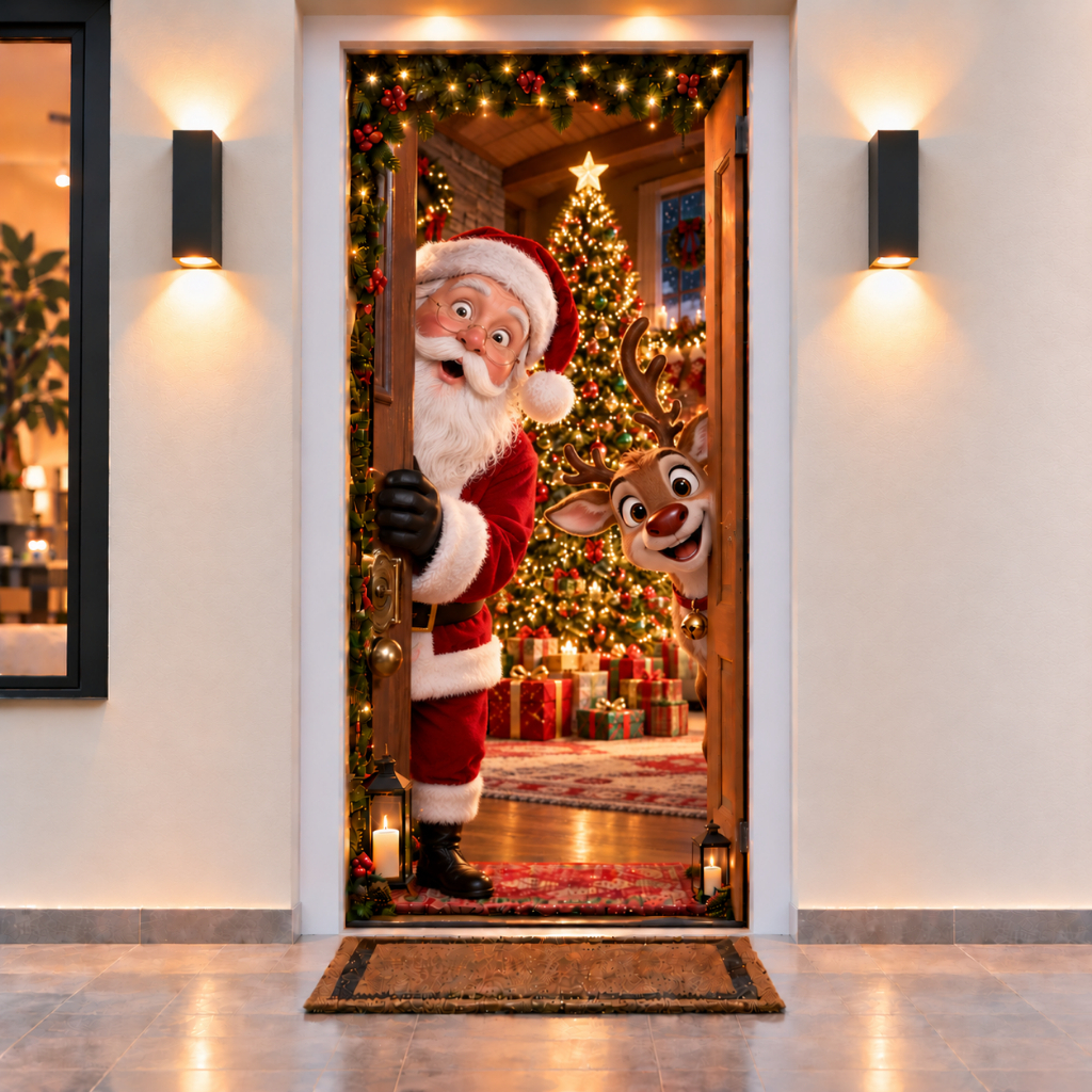 Capa de Porta Decorativa Tema Natal Divertido Efeito 3D Realista Vest Fácil C/ Elástico