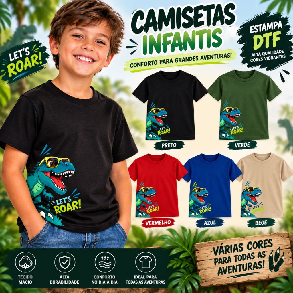 Camiseta Infantil Menino 100% Algodão Estampada Dinossauro