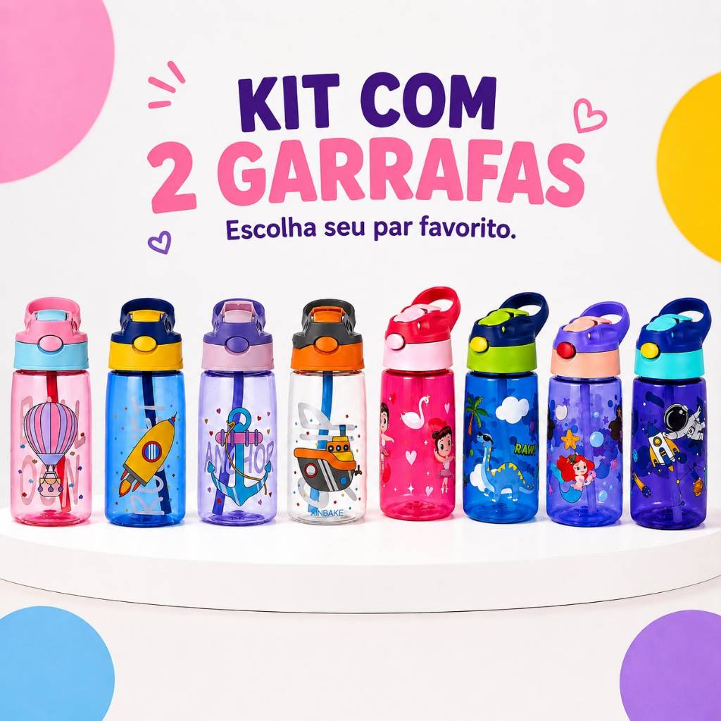 Kit 2 Garrafa de Água Infantil Squeeze Canudo Plástico Garrafinha 450ml Menino Menina Escola Passeio