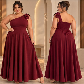 Vestido Longo Plus Size Feminino um Ombro só Laço Delicado Festa Madrinha