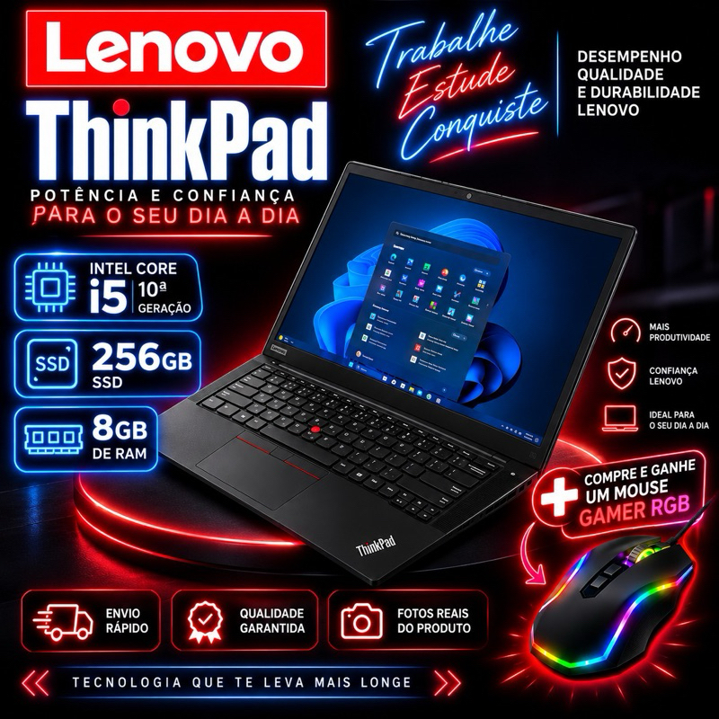 Notebook Lenovo E14 Core i5 10ª Geração 8GB RAM 256GB SSD | Windows