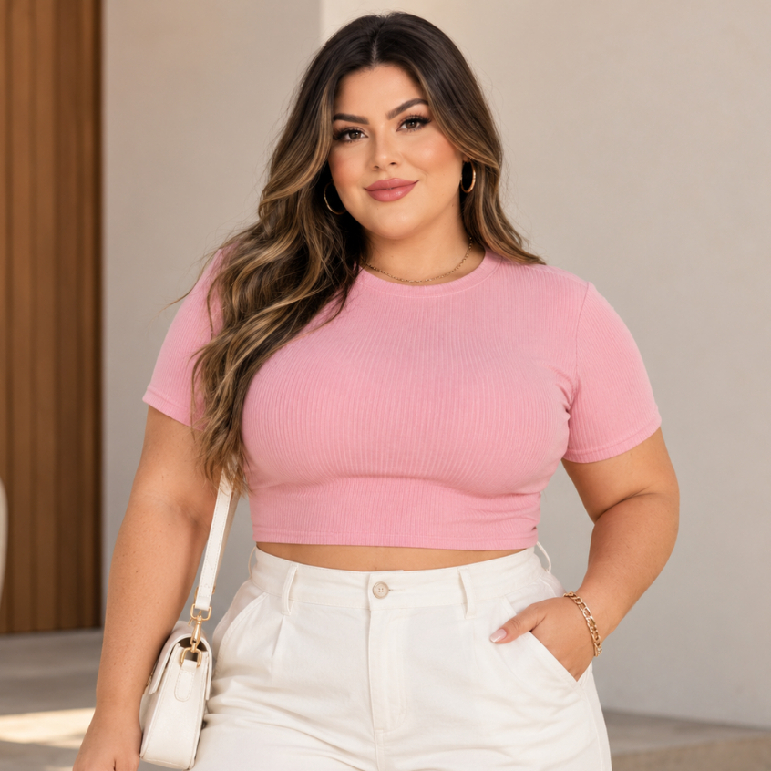 Cropped Feminino Plus size Anarruga Manga Curta Gola Redonda Blusa Justa Casual Básica Moda Blogueira Premium