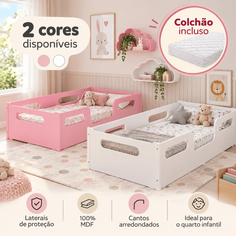 Cama Infantil Juvenil com Colchão Incluso MDF Cama para Menino Menina com Proteção Lateral Encanto